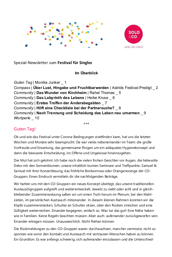Spezial-Newsletter zum Festival für Singles