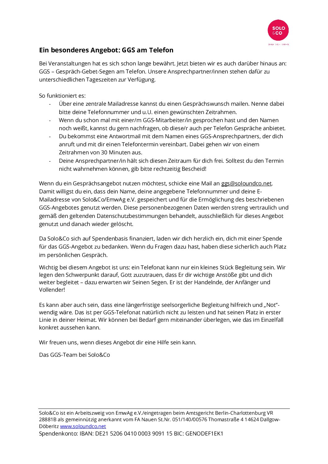 Gespräch–Gebet–Segen …auch per Telefon